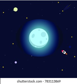 Galaxy, planets, stars, rocket, spaceship with dark blue background vector. Moon texture with light and stars vector. 