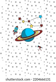 galaxia con planetas, estrellas, cohetes y fondo