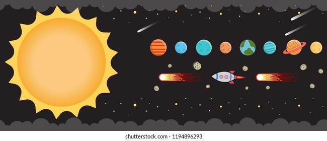 Galaxy planets and stars space vector flat seamless pattern with Earth, Moon, Venus, Mars, Jupiter, Saturn