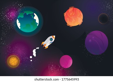 Galaxy, planets, stars, sun. Pink planet, orange planet. Earth. Space abstraction.Rocket. Flight in space.