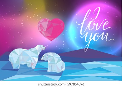 Galaxy and polar bears background for web, banners, flayers, cards. I love you lettering. Heart. Vector illustration