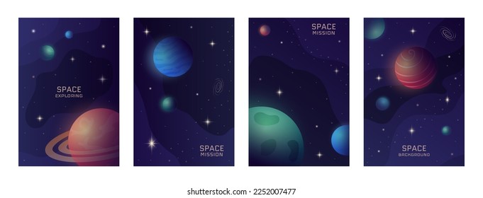 Galaxy posters. Astronaut in future space. Cosmic or astronomy banners. Planets in universe. Outer infinity discovery. Cosmos exploration. Astronomy science. Vector utter cards set