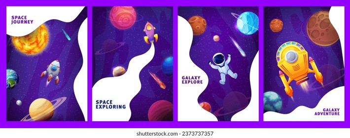 Afiches de galaxia. El paisaje espacial y la nave espacial de dibujos animados. Banners promocionales de la empresa, antecedentes de vector de inicio de negocio o plantilla de afiches de proyectos empresariales con fantásticas starships, astronautas y planetas