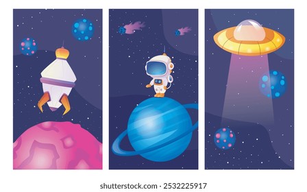 Galaxy posters set. Astronaut, cosmonaut at pink and blue planets. Stars and comets. Cosmos and space, universe. Aliens UFO. Flat vector collection isolated on white background