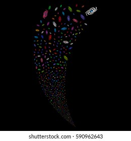 Galaxy random fireworks stream. Vector illustration style is flat bright multicolored iconic symbols on a black background. Object fountain created from scattered design elements.