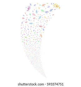 Galaxy random fireworks stream. Vector illustration style is flat bright multicolored iconic symbols on a white background. Object fountain made from scattered symbols.