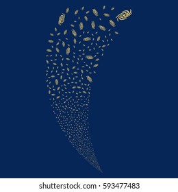 Galaxy random fireworks stream. Vector illustration style is flat yellow iconic symbols on a blue background. Object fountain created from scattered design elements.