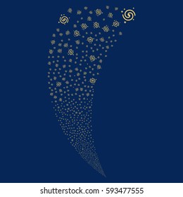 Galaxy random fireworks stream. Vector illustration style is flat yellow iconic symbols on a blue background. Object fountain done from scattered pictographs.