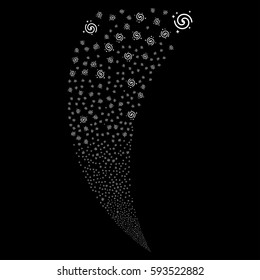 Galaxy random fireworks stream. Vector illustration style is flat white iconic symbols on a black background. Object fountain organized from scattered pictographs.