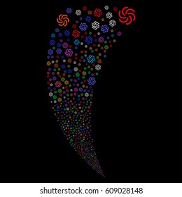 Galaxy random fireworks stream. Vector illustration style is flat bright multicolored iconic symbols on a black background. Object fountain done from scattered pictograms.