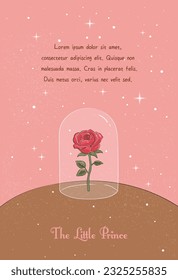 Galaxy and red rose. Le petit prince. Nursery poster or print for baby room. Copy space template. Rose under glass cloche. Little Prince tale. Line drawing, Hand drawn style. Flat vector illustration.