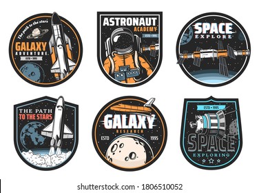 Galaxy research, space explore and astronaut mission icons. Shuttle launch vehicle and orbiter flying in galaxy, satellite or telescope discovering planets and stars, space station module vector badge