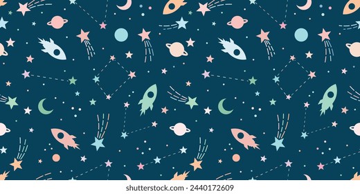 Galaxy rocket backgorund, flat vector illustration seamless repeat pattern with stars and planets, space wallpaper design