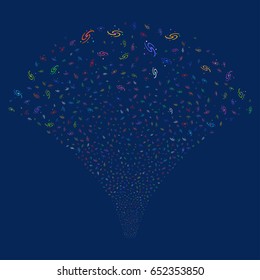 Galaxy salute stream. Vector illustration style is flat bright multicolored iconic symbols on a blue background. Object stream fountain constructed from random pictographs.