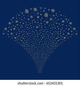 Galaxy salute stream. Vector illustration style is flat yellow iconic symbols on a blue background. Object source fountain done from random symbols.
