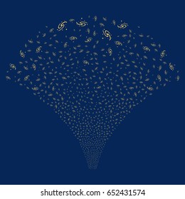 Galaxy salute stream. Vector illustration style is flat yellow iconic symbols on a blue background. Object source fountain organized from random symbols.