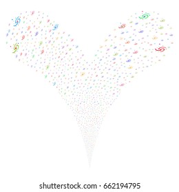 Galaxy salute stream. Vector illustration style is flat bright multicolored iconic galaxy symbols on a white background. Object fountain made from random pictographs.