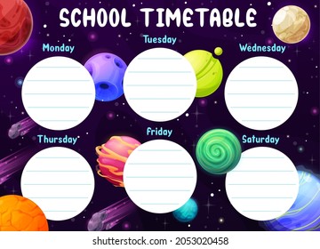 Galaxy School Timetable. Kids Lessons Timetable With Cartoon Vector Fantasy Alien Planets, Stars And Asteroids In Outer Space. Child Weekly Schedule, Children Education Planner Or Study Calendar