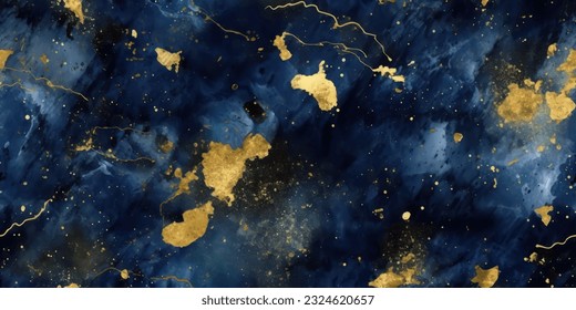 Galaxy seamless dark blue textured pattern with gold nebula.