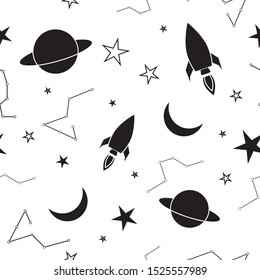 Galaxy seamless hand drawn pattern: spaceship, moon, sun and the stars
