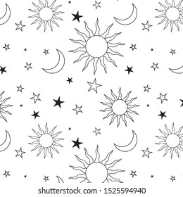 Galaxy seamless hand drawn pattern design with zodiac elements. Universe filled with moon,sun and the stars.