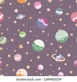 Galaxy seamless pattern with cute planets and stars in childish cartoon style in calm colors. Can be used for kids clothes, fabrics, textiles, wrapping paper, backgrounds, backdrops etc.