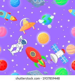 Galaxy seamless pattern design. Astronaut with rocket and alien in the open space Cute design for kids fabric and wrapping paper. Flat cartoon style funny galaxy seamless.