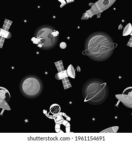 Galaxy seamless pattern design. Astronaut with rocket and alien in the open space Cute design for kids fabric and wrapping paper. Flat cartoon style funny galaxy seamless.