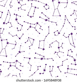 Galaxy seamless pattern design. Cute design for kids fabric and wrapping paper. Constellations on white backgtound. Bright childish tile. Hand drawn funny galaxy seamless.