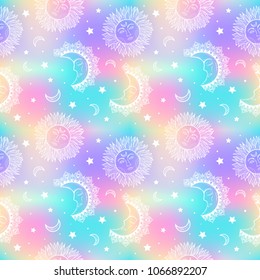 Galaxy seamless pattern with opal, petrol, holographic background.