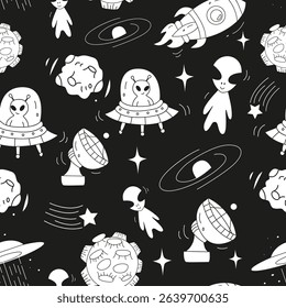 Galaxy seamless pattern with space rocket, UFO, alien creature, asteroid, stars. Texture with vector space elements for textile, print, kids fabric, wrapping paper. Space exploration