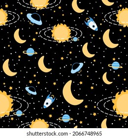 Galaxy seamless pattern with sun, planets and alien ufo, stars and constellations on dark background, colorful ornate