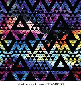 Galaxy seamless pattern with triangles and geometric shapes. Vector trendy illustration.