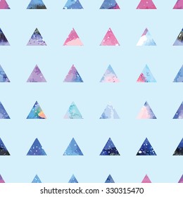 Galaxy seamless pattern with triangles and geometric shapes. Vector trendy illustration.