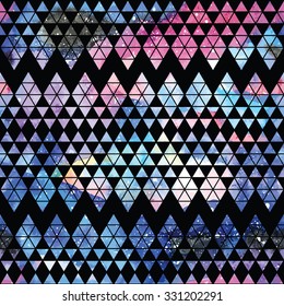 Galaxy seamless pattern with triangles and geometric shapes. Vector trendy illustration.