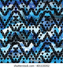 Galaxy seamless pattern with triangles and geometric shapes. Vector trendy illustration.