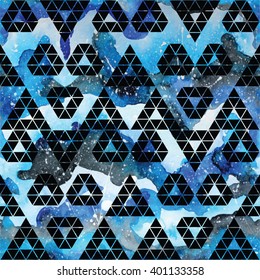 Galaxy seamless pattern with triangles and geometric shapes. Vector trendy illustration.