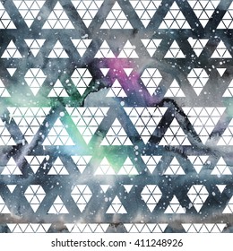 Galaxy seamless pattern with triangles and geometric shapes. Vector trendy illustration.