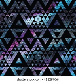 Galaxy seamless pattern with triangles and geometric shapes. Vector trendy illustration.