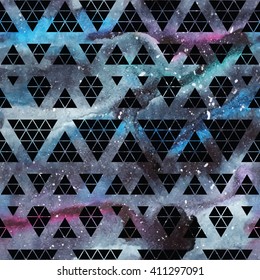 Galaxy seamless pattern with triangles and geometric shapes. Vector trendy illustration.