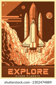 Galaxy shuttle monochrome vintage flyer with launch vehicle leaving planet earth to colonize solar system vector illustration