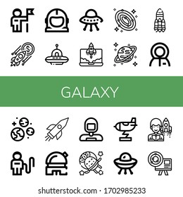 galaxy simple icons set. Contains such icons as Astronaut, Rocket, Space suit, Ufo, Galaxy, Uranus, Planets, Observatory, Astronomer, Astronomy, can be used for web, mobile and logo