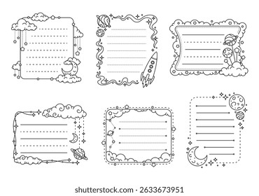 Galaxy space and alien planets kids memo note frames. Vector set of cute outlined writing templates with stars, moons, rockets and space borders for children school notes and printable stationery