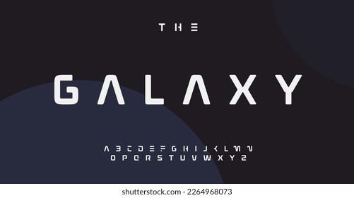 Galaxy Weltraum-Alphabet, futuristische minimalistische Buchstaben, High-Tech-geometrische Schrift für elektronische Musik Dj-Logo, EDM-Schlagzeile, HUD- und GUI-Typografie, kosmischer Spieltypo. Vectortypografisches Design