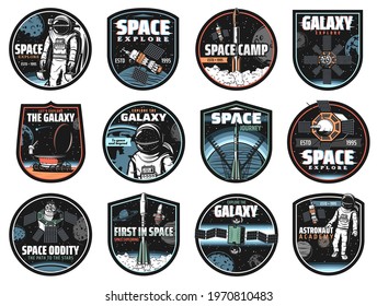 Galaxy, space, astronaut and rocket vector icons with glitch effect. Cosmos explore shuttles expedition, Satellite in outer space, rover on red planet surface. Colonization mission retro labels set