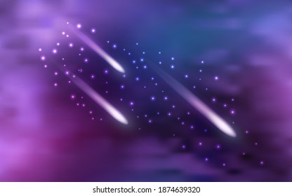 Galaxy space background with shining star nebula and flying comets and cloudy mist. Purpla abstract cosmic backdrop, vector illustration