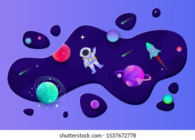 Galaxy space banner with fluid shapes and glowing neon texture. Cartoon astronaut floating in blue space with rocket, planets and shooting stars - vector illustration.