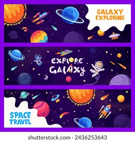 Banners espaciales de la galaxia con niño astronauta y OVNI alienígena en los planetas de la galaxia, fondos vectoriales. Espacio exterior de dibujos animados con naves espaciales, asteroides y cometas y planetas en el cielo galáctico estrellado