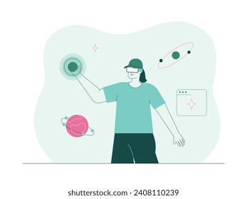 Galaxy in space can be seen in real through virtual glasses, meta verse vector illustration.