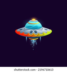 Galaxy space craft, game asset starship isolated UFO alien spaceship. Vector cartoon unidentified flying object, saucer in shape of disk with glass dome, spacecraft saucer futuristic station